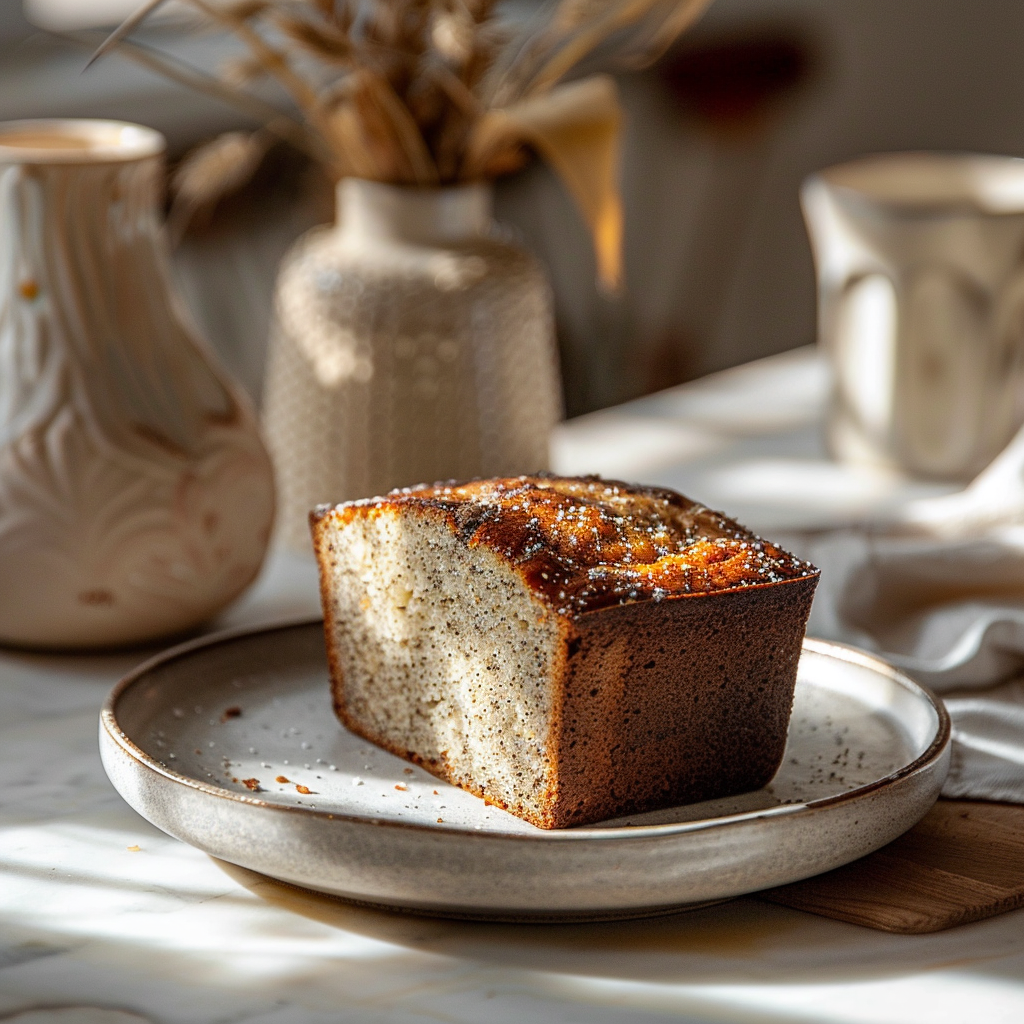 Elegant portion of 4 ingredient banana bread on a light grey ceramic plate.