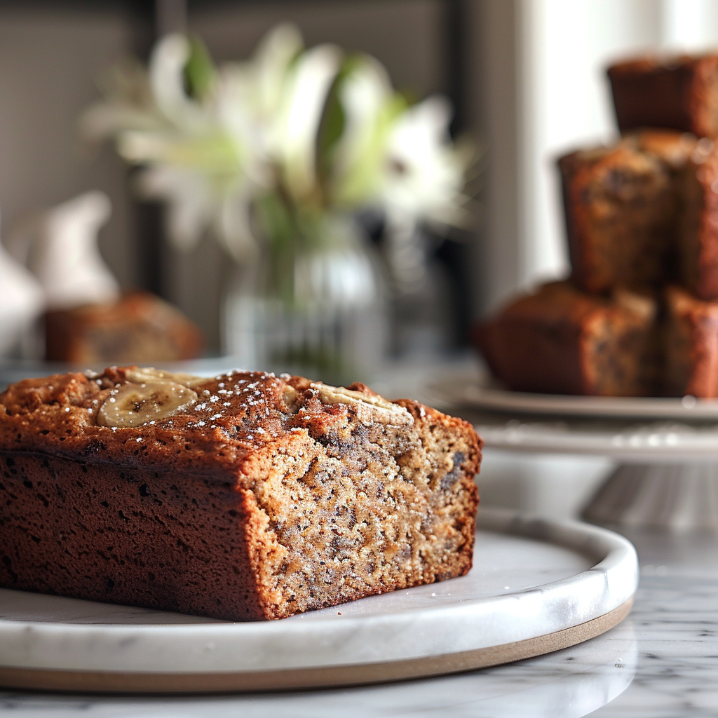 Close-up of a slice of banana bread on a marble countertop.