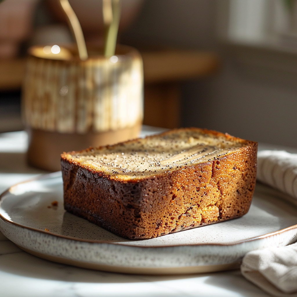 A slice of 4 ingredient banana bread on a light grey ceramic plate, illuminated with natural light.