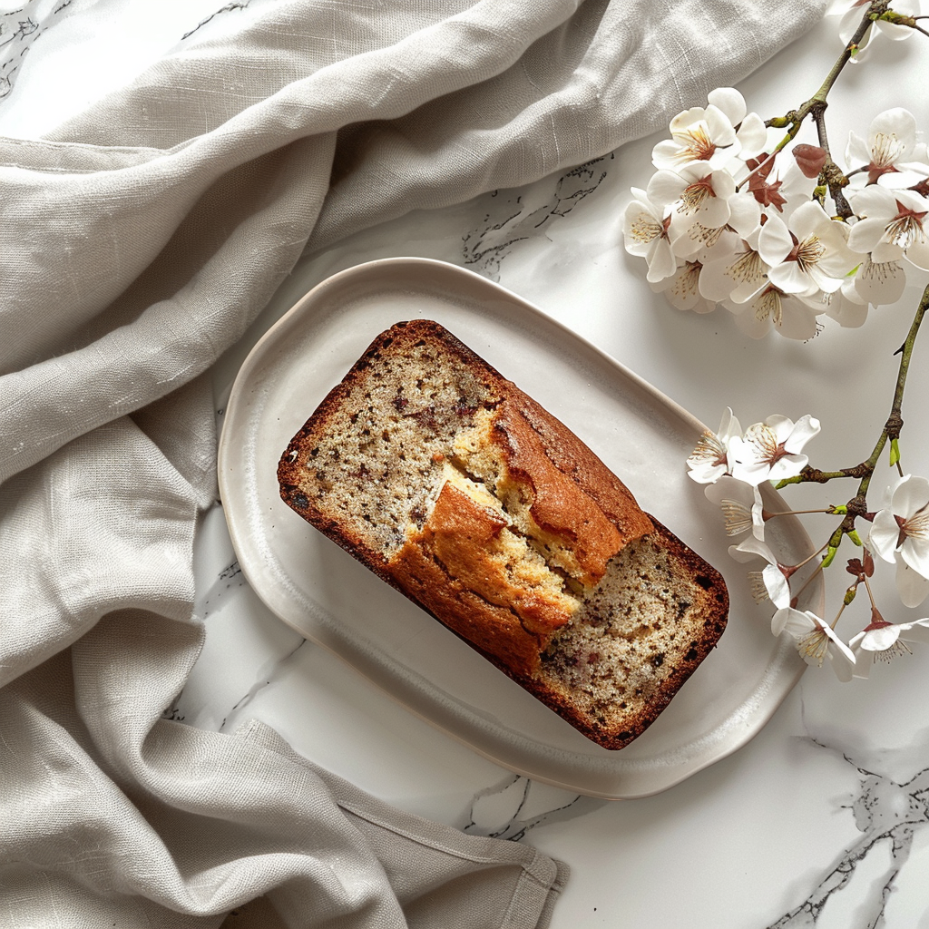 A top-down view of sliced banana bread on a white marble countertop, elegantly styled.
