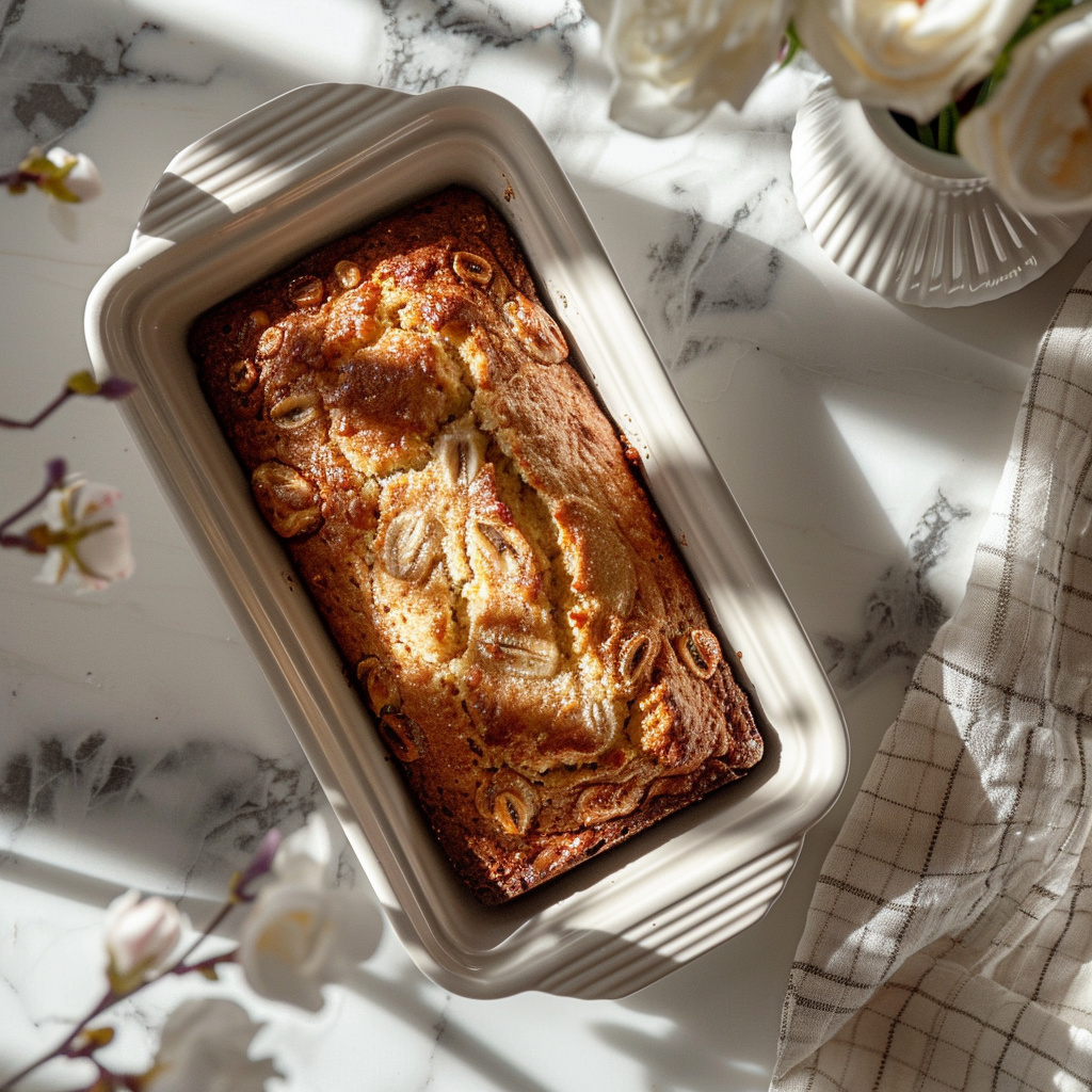 Top-down view of a slice of moist banana bread on a white marble countertop.