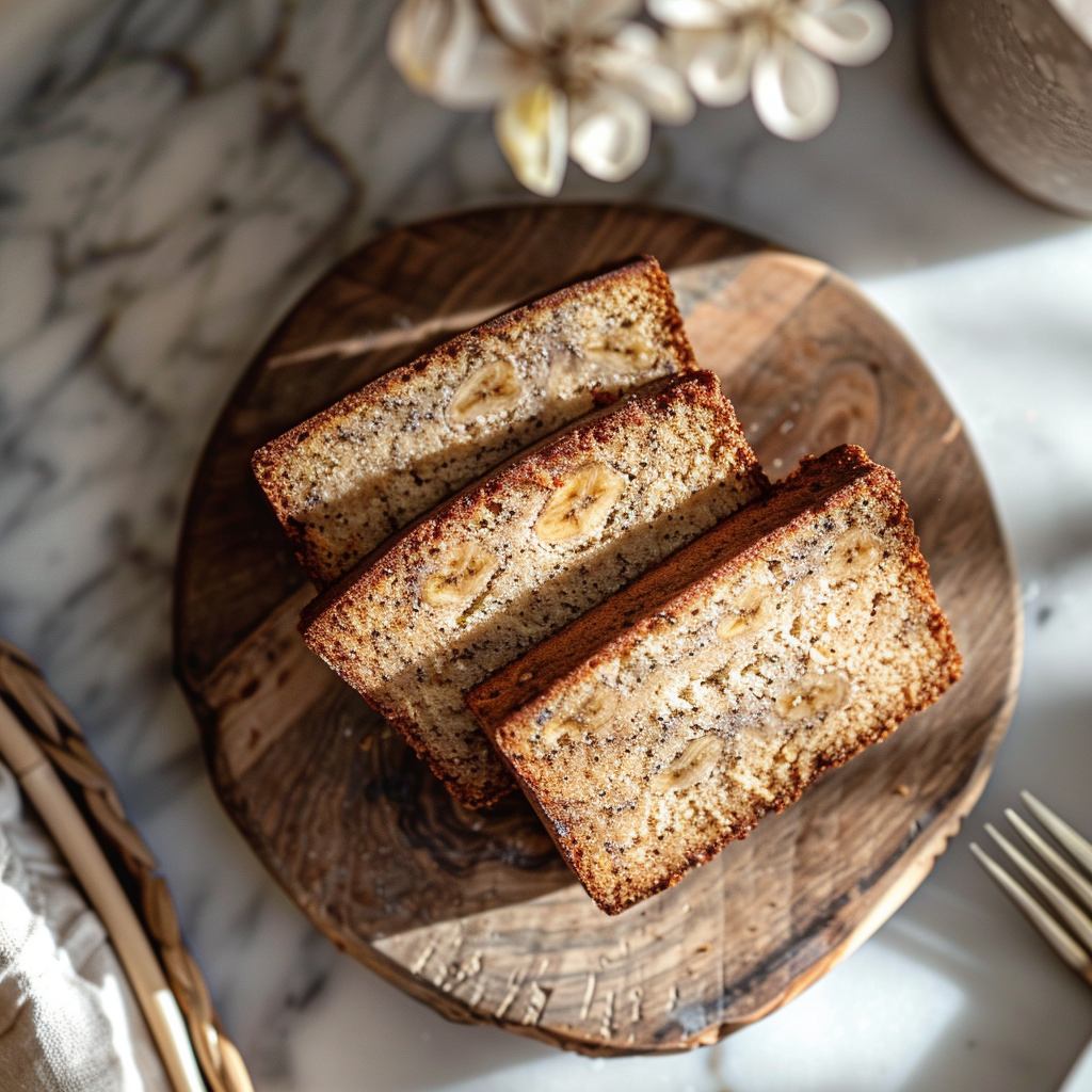 Top-down view of a moist banana bread slice on a light wooden board, with a soft background.