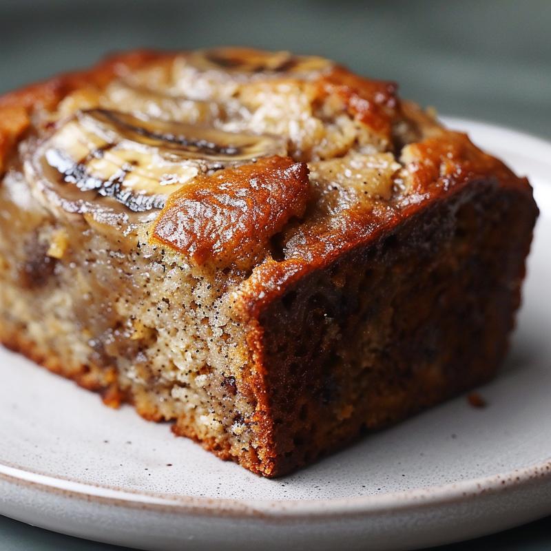 A close-up of a slice of 3-ingredient banana bread on a light grey ceramic plate.