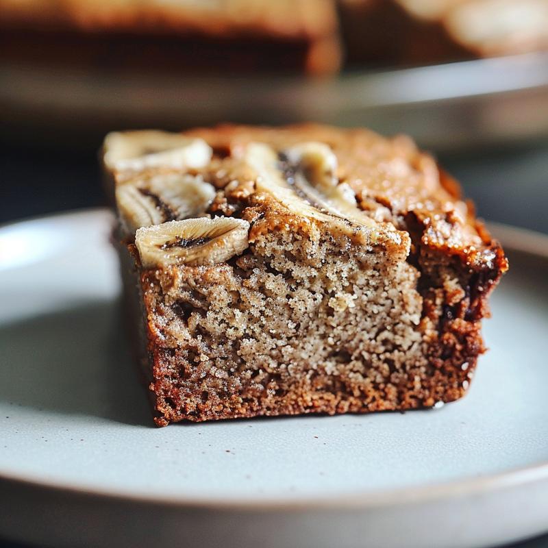 Close-up of a slice of oat flour banana bread on a white marble surface.