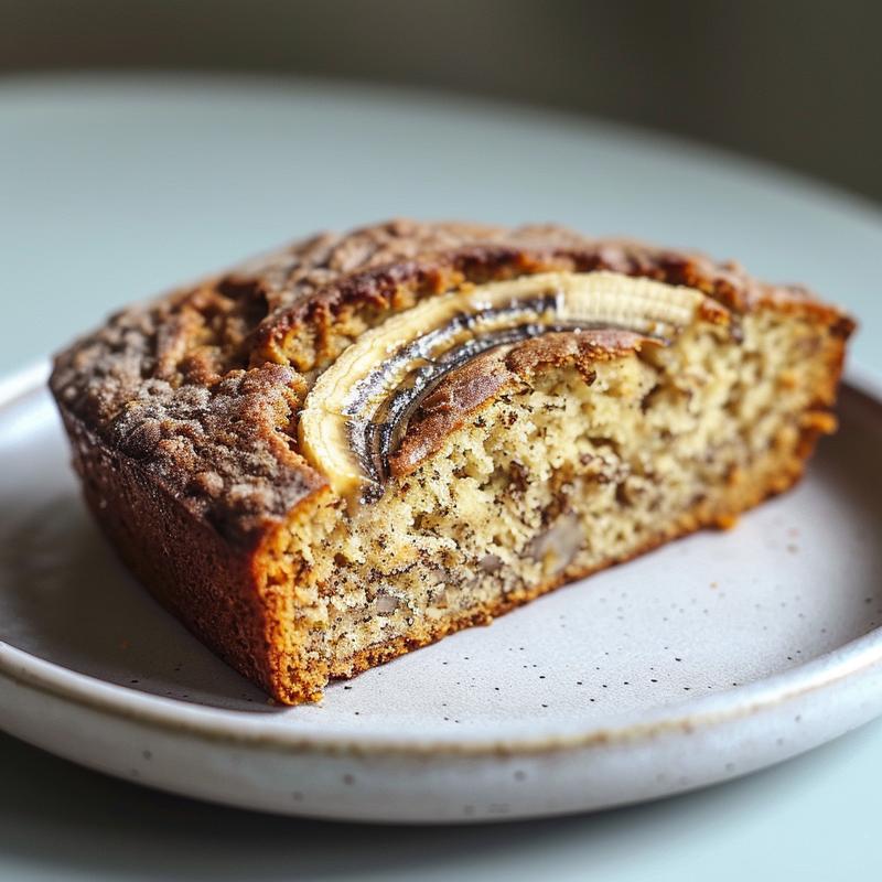 A close-up of a slice of keto banana bread on a light grey ceramic plate, showcasing its texture and moistness.