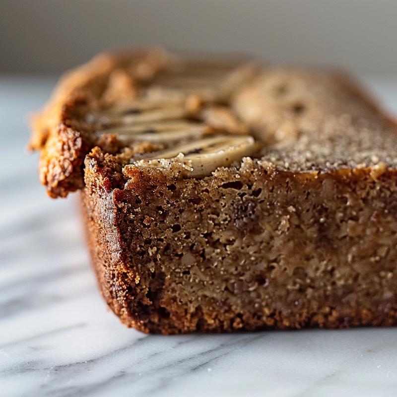 Close-up of a slice of healthy banana bread on a white marble surface.