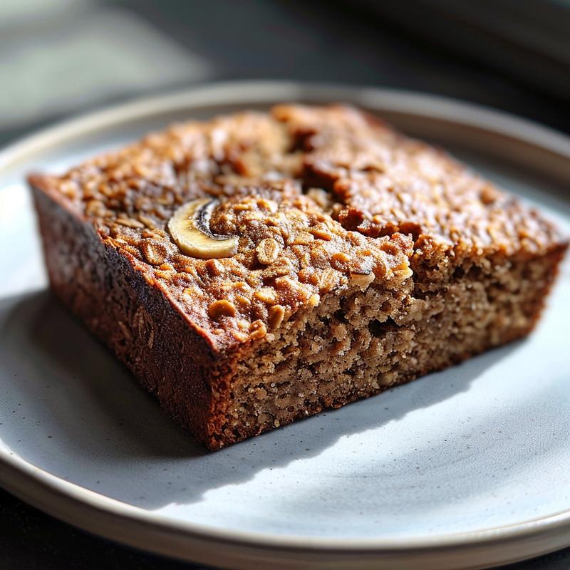 A close-up of a moist slice of oatmeal banana bread on a light grey ceramic plate.