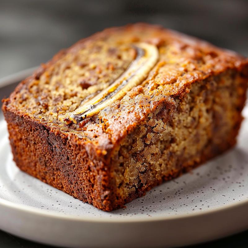 Extreme close-up of a slice of sugar-free banana bread on a light grey ceramic plate with defined textures.