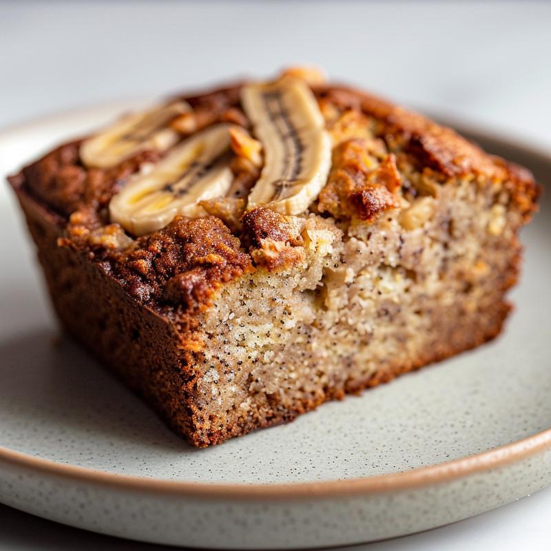 Close-up of a slice of high protein banana bread topped with a dollop of Greek yogurt on a light grey ceramic plate.