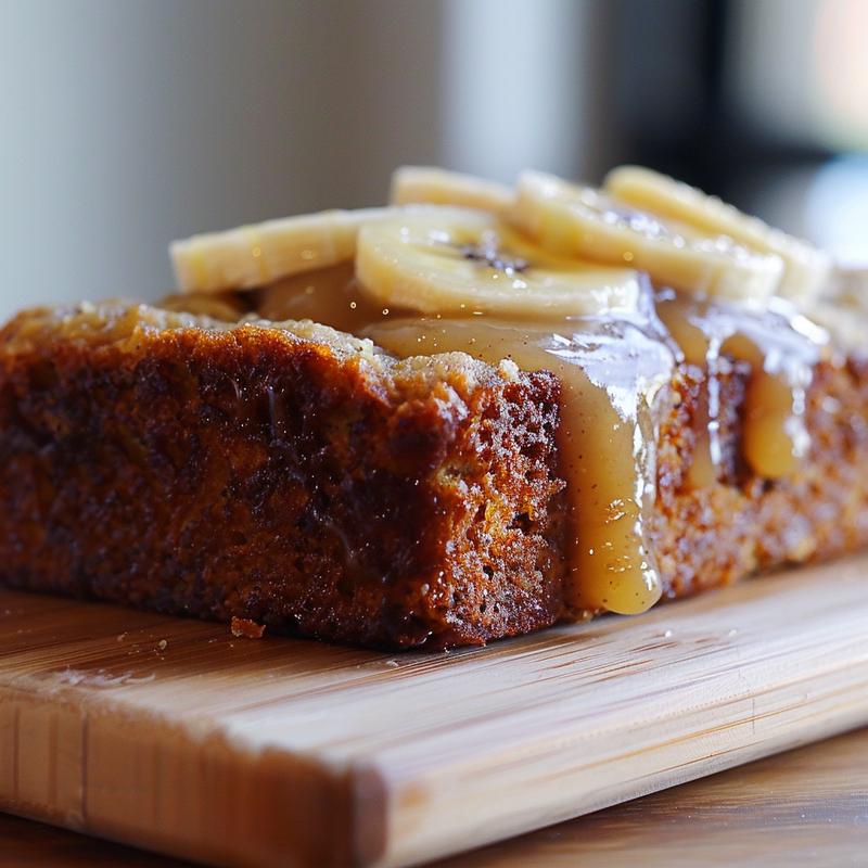 Close-up of a slice of banana bread with applesauce on a wooden board.