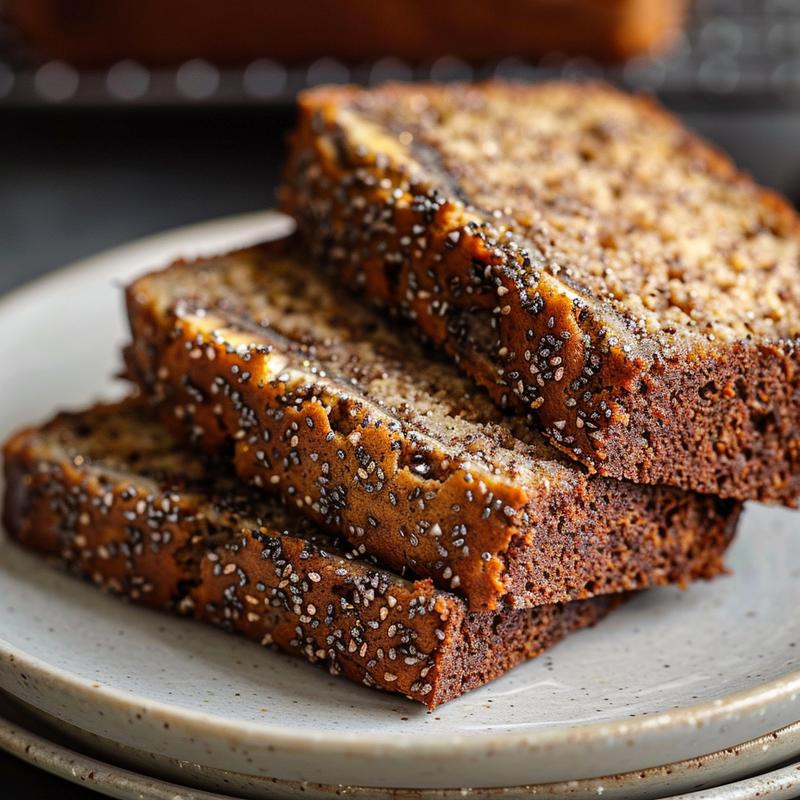 Close-up of a slice of moist banana bread on a light grey plate, showcasing its texture.