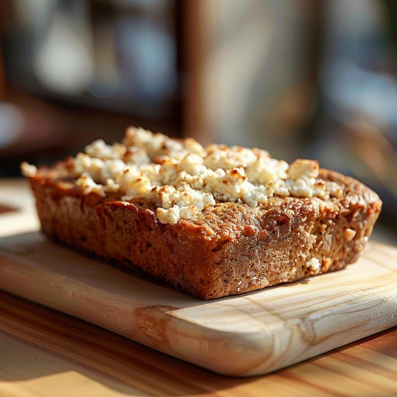 Close-up of a slice of high-protein banana bread topped with cottage cheese on a wooden board.