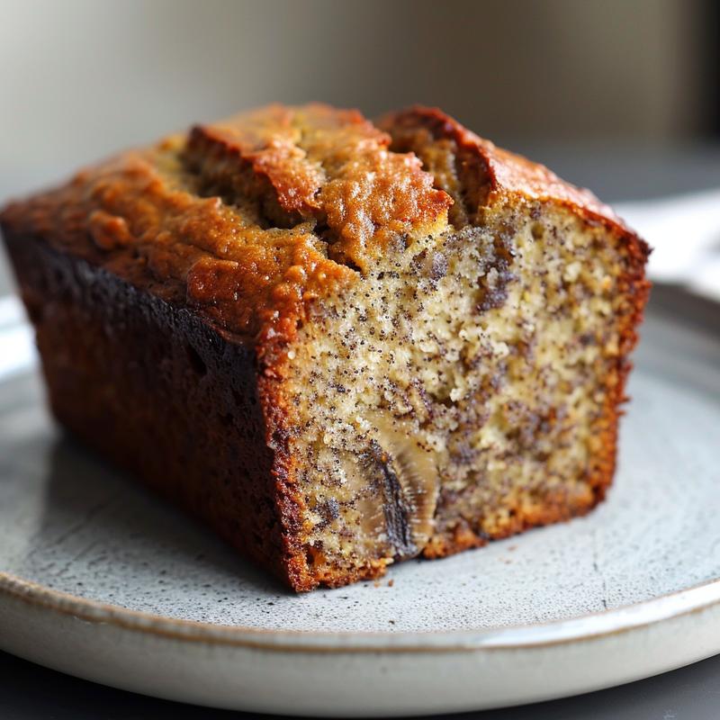 Close-up of a slice of banana bread on a light grey ceramic plate.