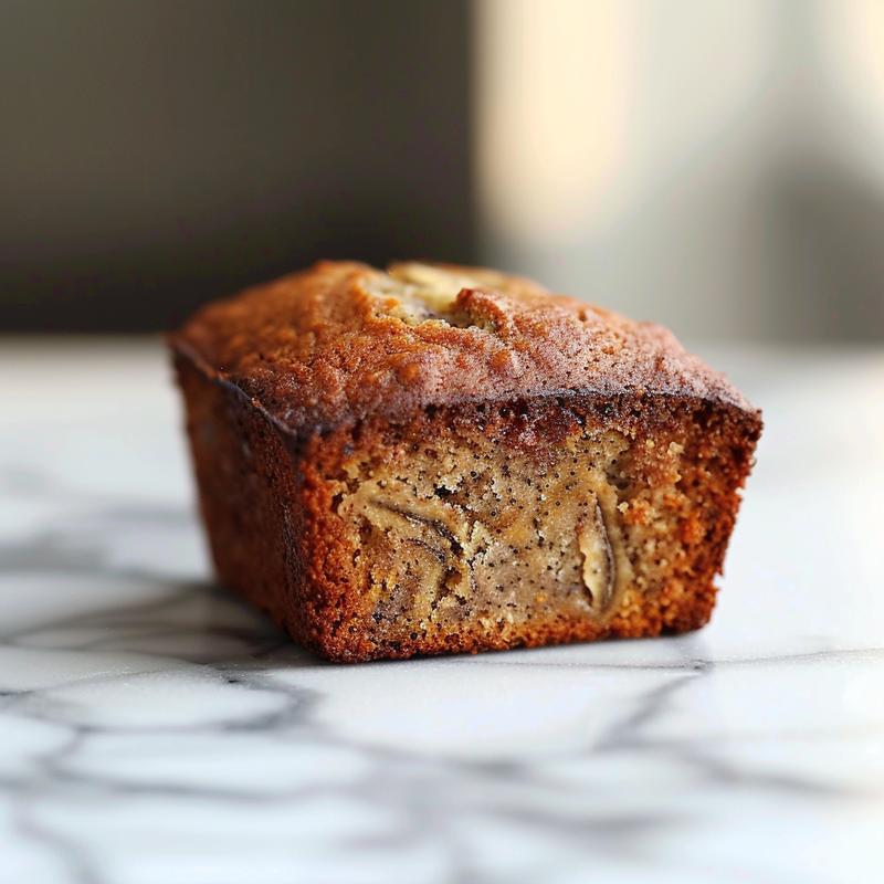 Close-up of a slice of gluten-free banana bread on a white marble surface.
