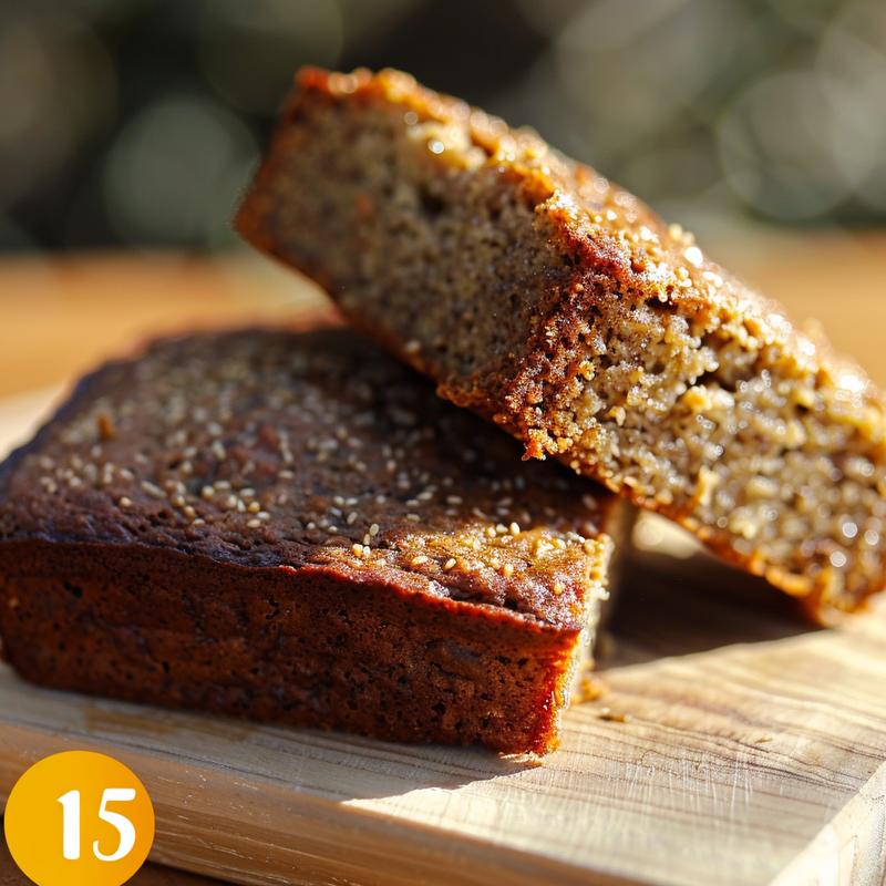 Close-up of a slice of healthy banana bread on a wooden board.