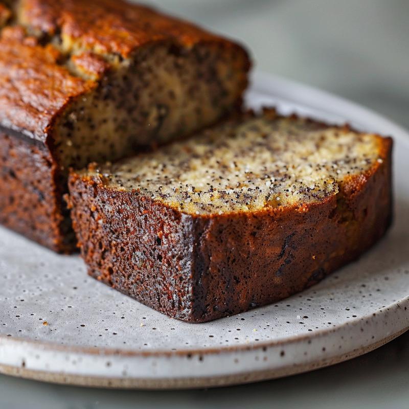 A close-up of a slice of sugar-free banana bread on a grey ceramic plate.