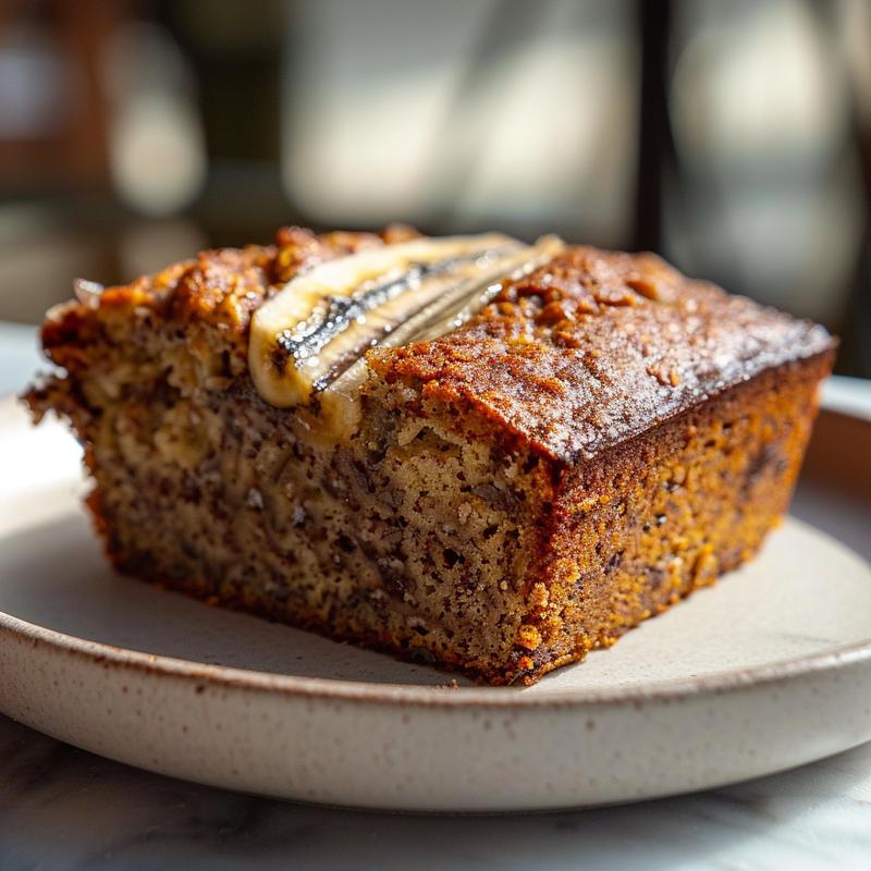 Close-up view of a slice of high protein banana bread on a light grey ceramic plate.