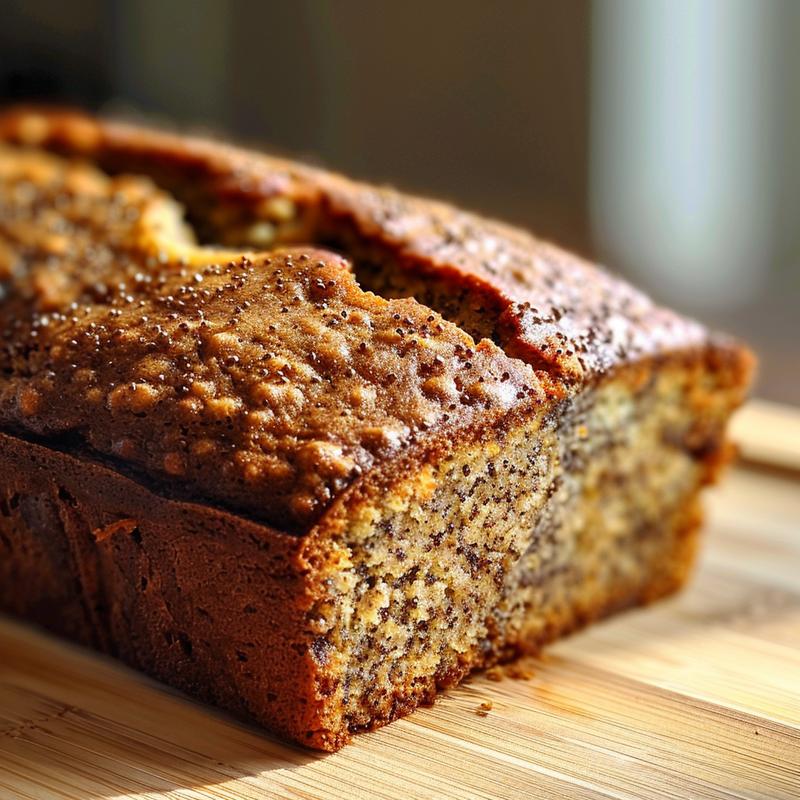 Close-up of a slice of gluten-free banana bread on a light wood board, showcasing its texture and moist interior.
