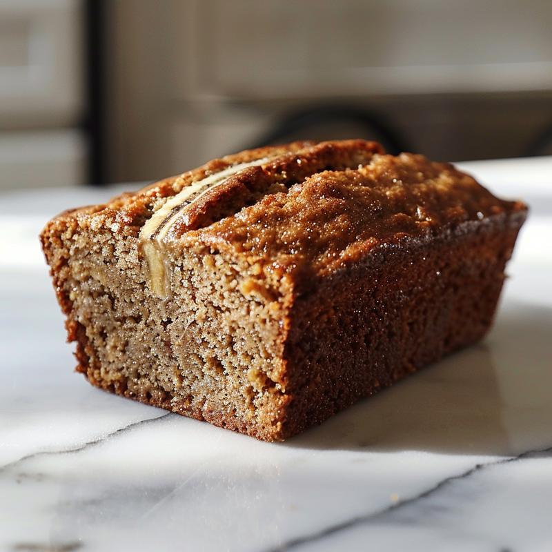 Close-up of moist Greek yogurt banana bread slice on a white marble surface.
