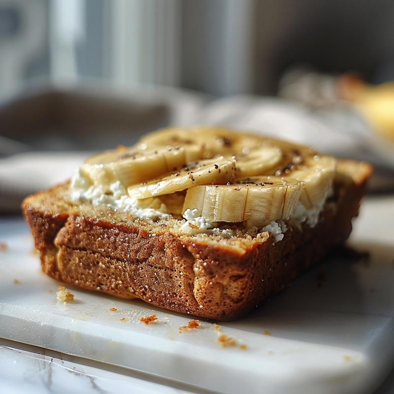 Close-up of a slice of high-protein banana bread with cottage cheese on a white marble surface.