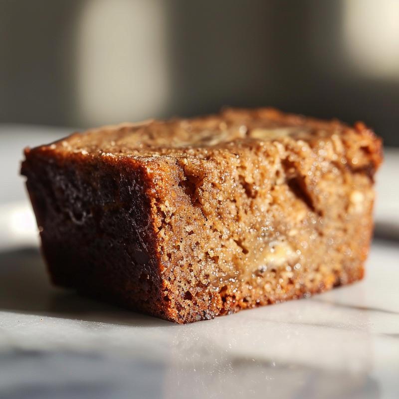 Close-up of a slice of almond flour banana bread on a white marble surface.