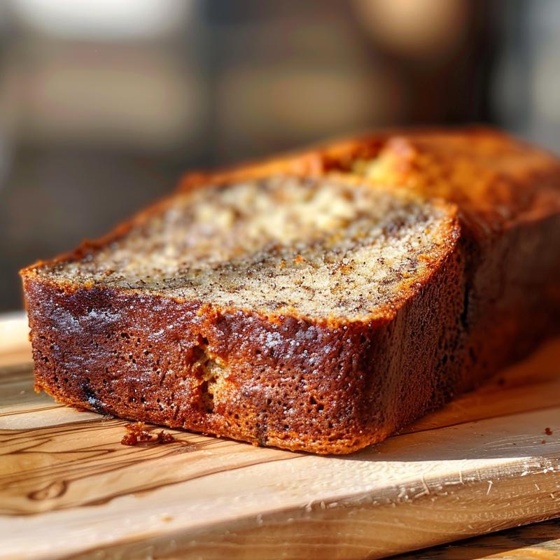 Close-up of a slice of banana bread on a wooden board, showcasing its moist texture.