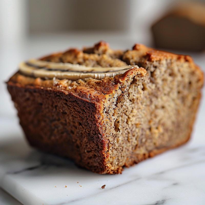 A close-up of low calorie banana bread on a white marble surface, showcasing its texture.