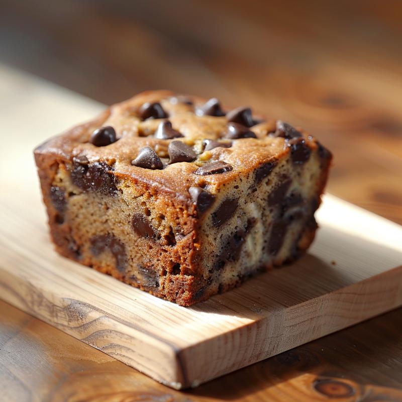 A slice of chocolate chip banana bread on a natural wood board with a blurred background.
