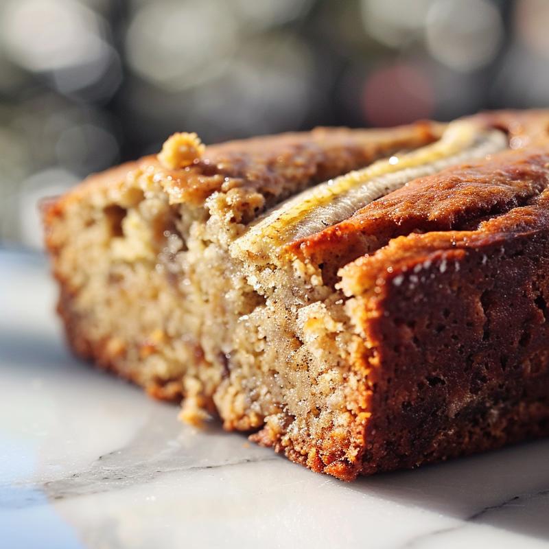 Close-up of a slice of healthy banana bread on a light grey plate.