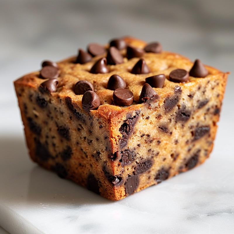 A close-up view of a slice of gluten-free banana bread with chocolate chips on a marble surface.
