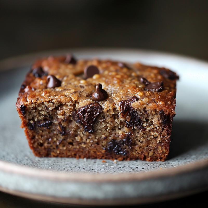 Close-up of a slice of healthier chocolate chip banana bread on a light grey ceramic plate.