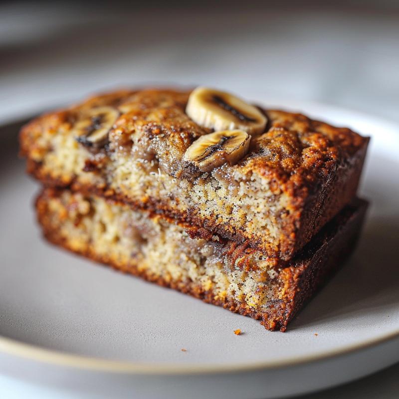 Close-up of a slice of keto banana bread on a wooden board, showcasing its texture.