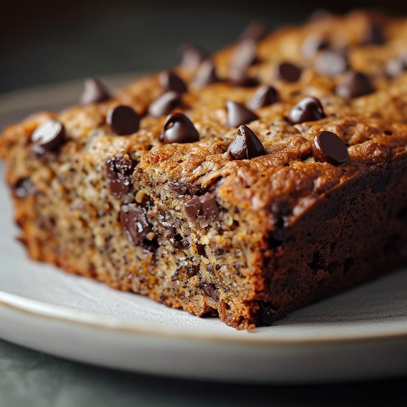Close-up of a slice of high protein banana bread with chocolate chips on a light grey plate.