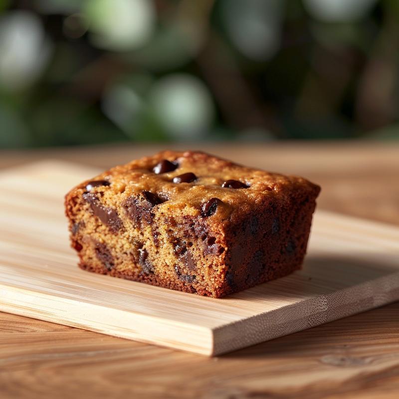 A close-up of a delicious slice of sourdough chocolate chip banana bread on a light wood board, showcasing its texture.