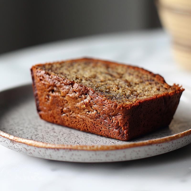 A slice of gluten-free banana bread on a light grey ceramic plate, showcasing its moist texture.