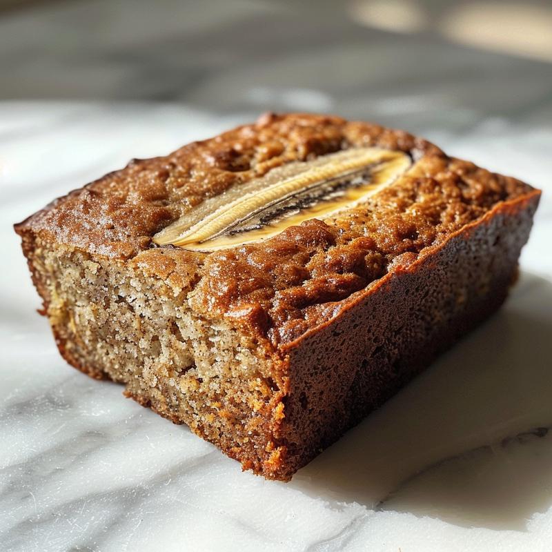 Close-up of a slice of fluffy keto banana bread on a white marble surface.