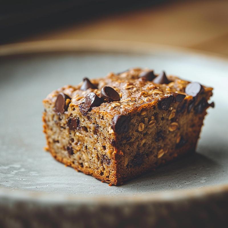 A close-up view of a slice of oatmeal chocolate chip banana bread on a light grey plate, showcasing its texture and ingredients.