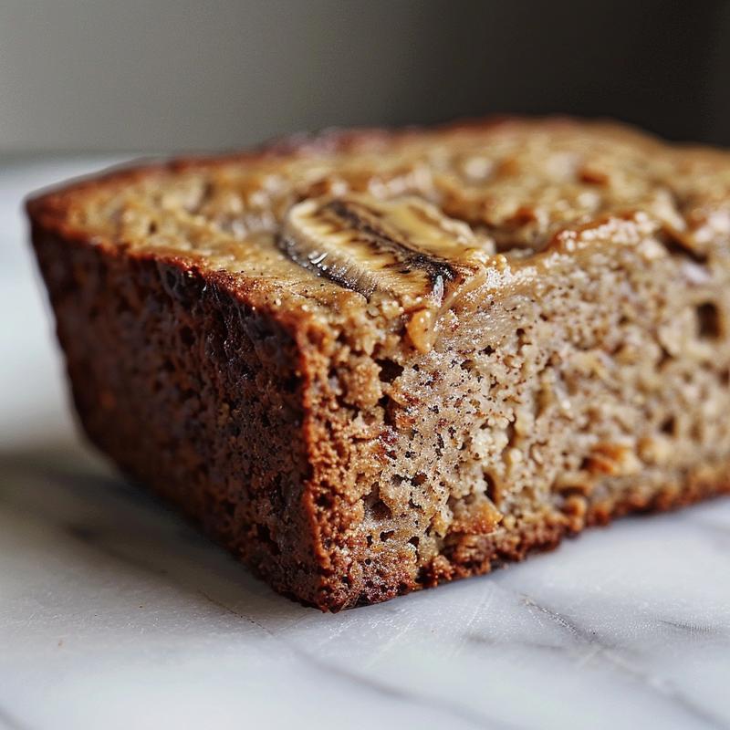 Close-up of a slice of keto banana bread on a white marble surface, highlighting its moist texture.