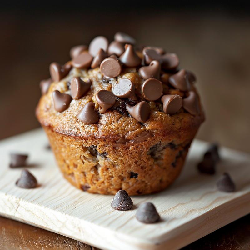 A close-up of moist banana chocolate chip muffins on a light wooden board, showcasing their texture.