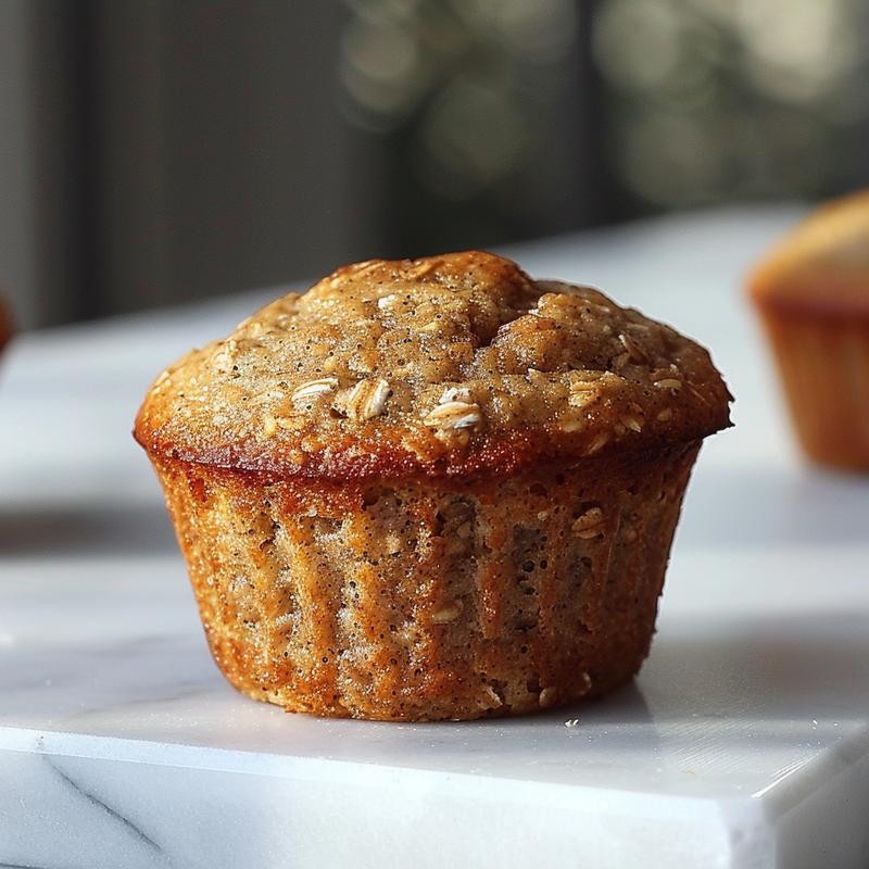 Extreme close-up of a perfectly baked oat flour banana muffin on a white marble surface.