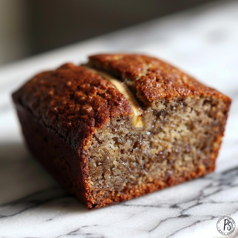 A close-up view of a moist slice of keto banana bread on a wooden board.