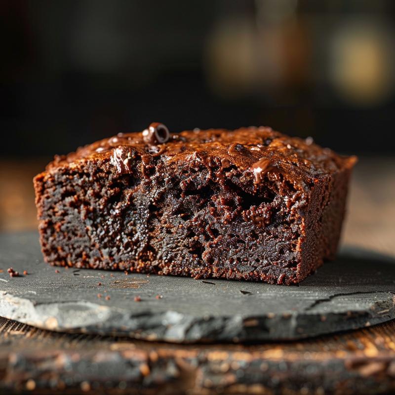 A close-up of a slice of chocolate brownie banana bread on a rustic chipped slate plate.