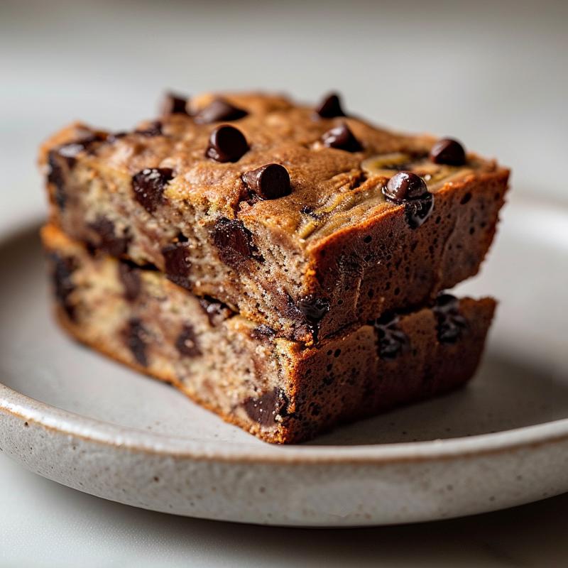 Close-up of a moist slice of sourdough chocolate chip banana bread on a light grey plate.