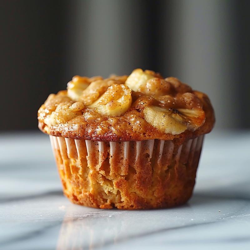A close-up of freshly baked apple banana muffins on a white marble surface, showcasing their texture.