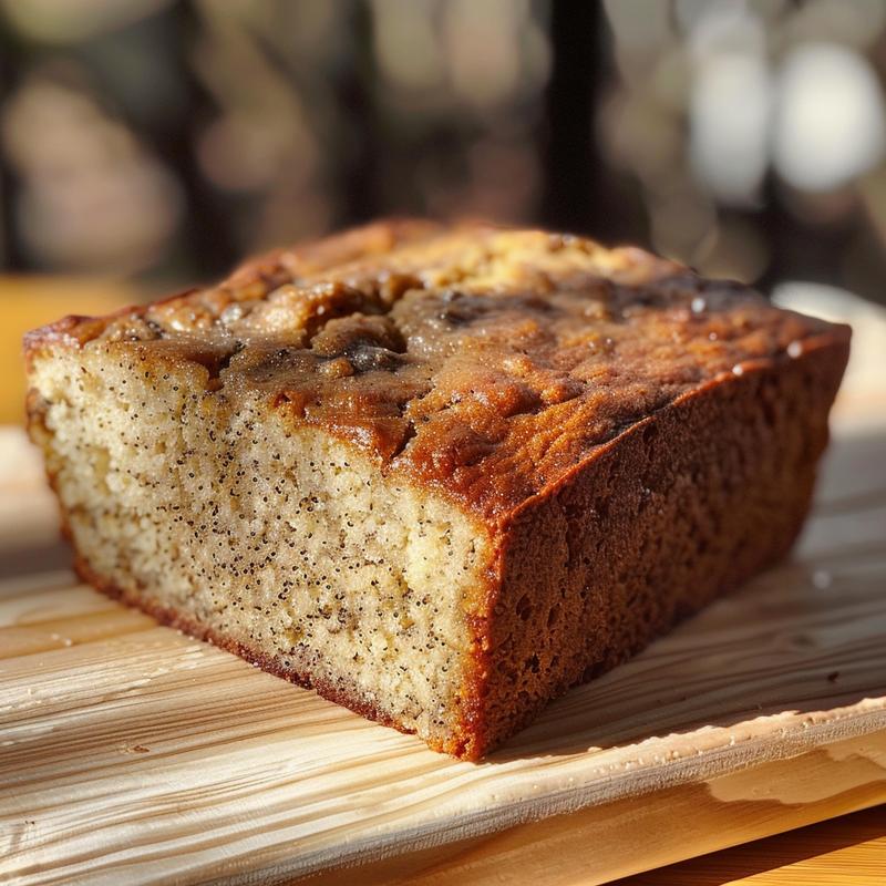 Close-up of a slice of healthy banana bread with a golden brown crust on a wooden board.