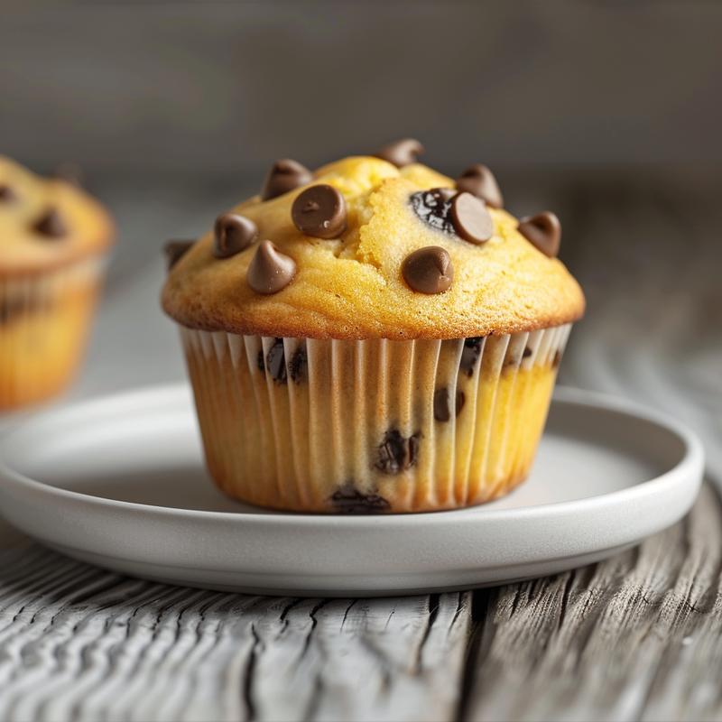 Close-up of delicious sourdough banana chocolate chip muffins on a light grey plate.