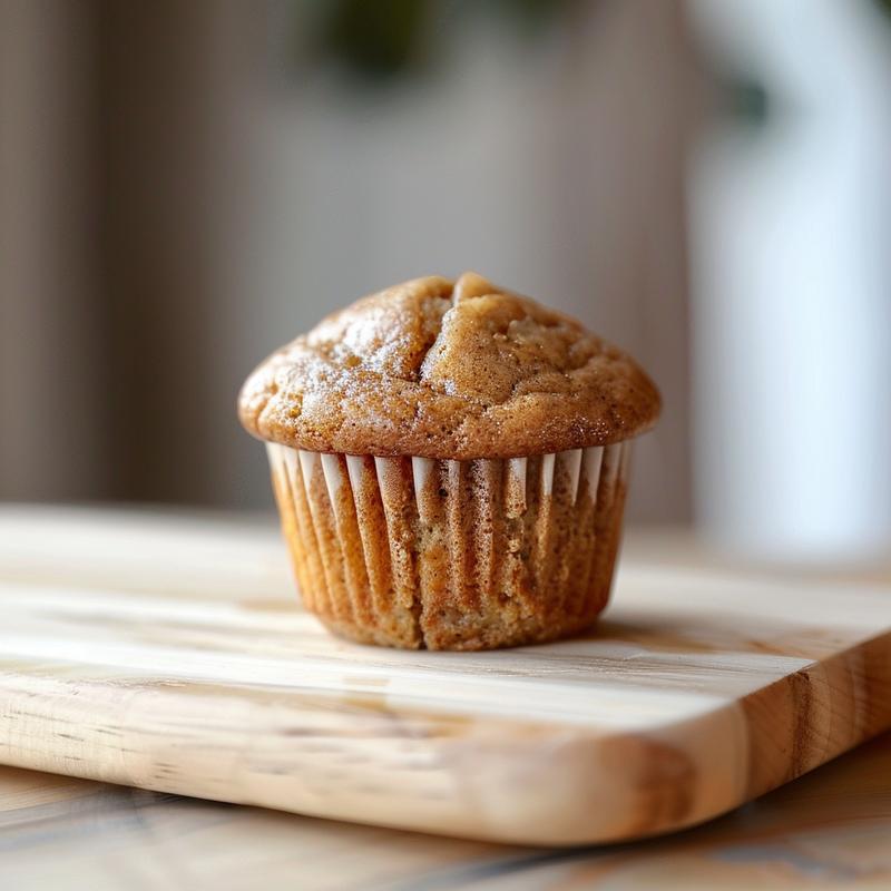 Close-up of golden, moist eggless banana muffins on a light wood board.