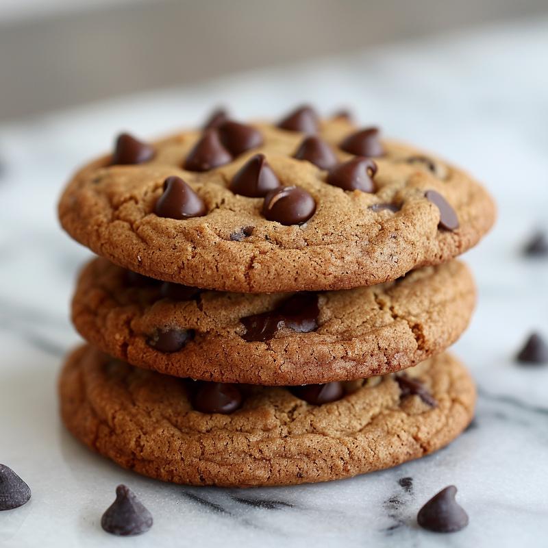Three freshly baked banana bread chocolate chip cookies stacked on a white marble surface.