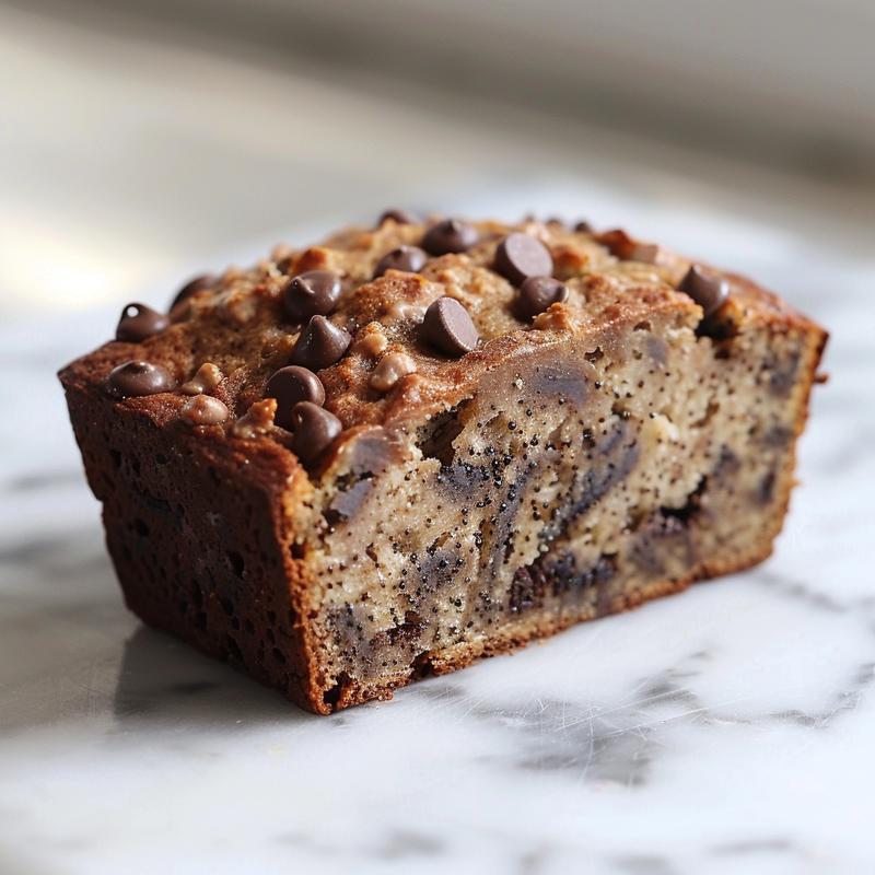 Close-up of moist Greek yogurt banana bread with chocolate chips, beautifully styled on a white marble surface.