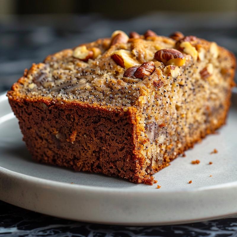 Close-up of moist banana nut bread slice on a grey ceramic plate.